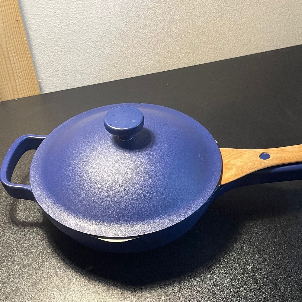 Our Place (Always Pan) 8 Inches, Peacock Blue with original wooden spatula.